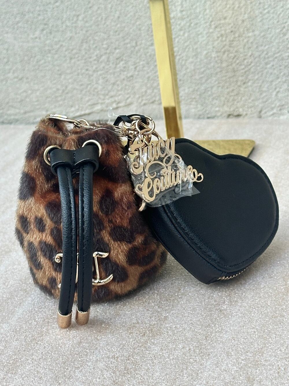 NWT Juicy Couture Leopard Faux Fur Mini Bucket Bag & Heart Coin Purse Charm
